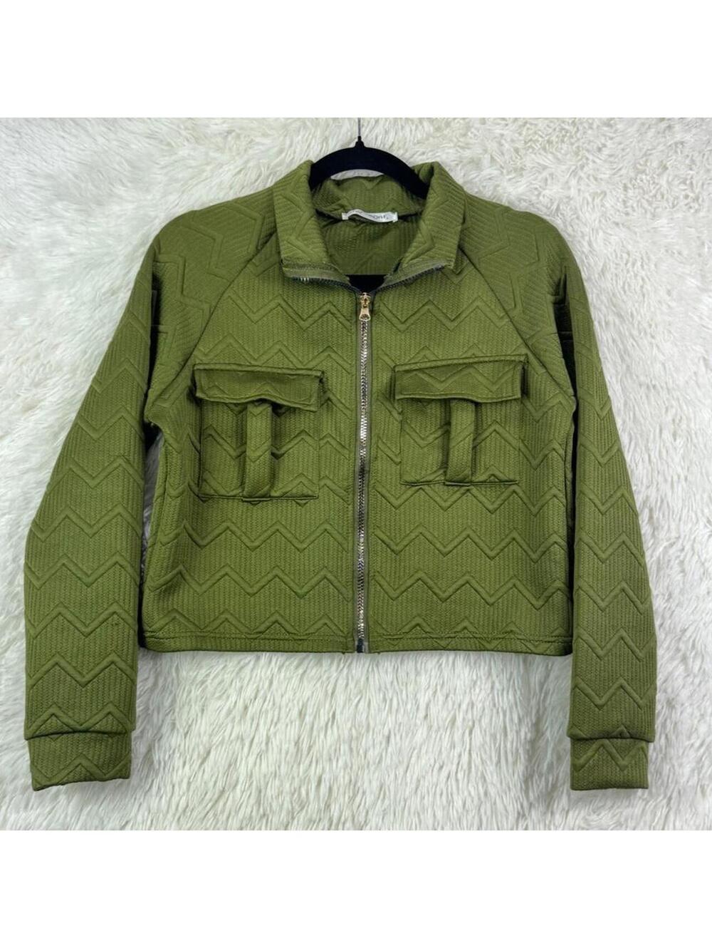 AQ-Sport Olive Green Textured Chevron Cropped Jacket Size L